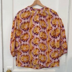 NWT Elie Tahari Women’s Yellow,Lilac,Orange 3/4 Sleeve Graphic Blouse, Sz Medium